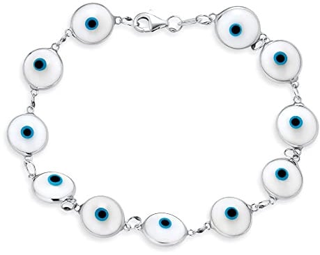 Bling Jewelry Schutz Viel Glück Amulett Türkisch Transparent Glas Perle Evil Eye Armband für Frauen Jugendliche Gelb 14 K vergoldet .925 Sterling Silber Blau Grün Weiß Rosa Schwarz Mehrfarbig 7 Zoll