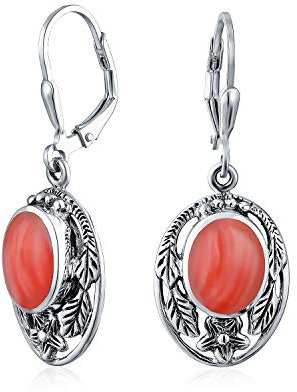 Gioielli Occidentali Rosa Con Orecchini A Leva Pendenti Intagliati A Foglia Di Fiore Ovale In Corallo Per Donne In Argento Sterling Ossidato .925