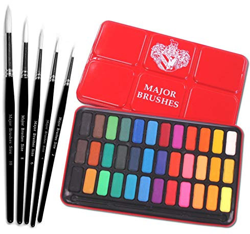 Major Brushes White Sable Round Brush Set of 5 Plus Artist Watercolour Paint Tin 36 Blocks Red Metal Lid