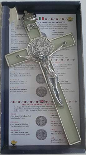 10.004.10 FLUO CROCE CROCEFISSO ARGENTO FOSFORESCENTE SAN BENEDETTO 20 CM SMALTATA CON SCATOLA BOX GIFT SAINT BENEDICT ESORCISMO SACERDOTE SUORA CHIESA
