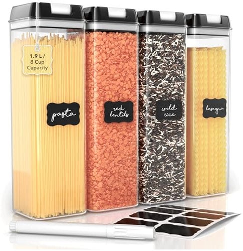 Simply Gourmet Airtight Food Storage Containers - Set of 7 Large Clear Canisters with Lids for Flour, Cereal & Pasta Storage, Pantry Organization - Marker & Labels Included