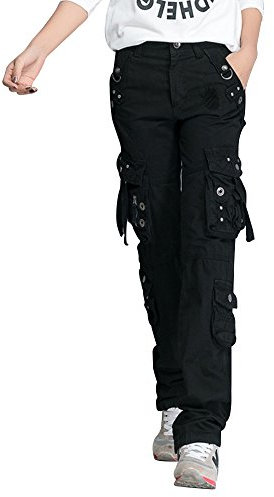 OCHENTA Femme Pantalon De Travail Combat Cargo Plusieurs Poches Noir W29