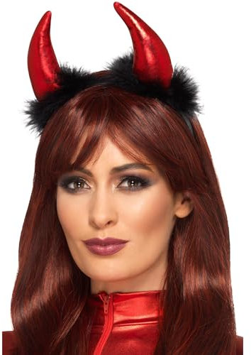 Metallic Devil Horn Headband, Red & Black, with Marabou Feathers