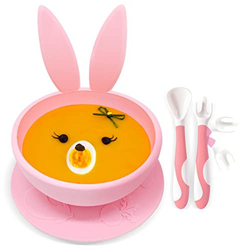 brunoko Bols pour bébés avec ventouse - Set de vaisselle pour bébé (bol rose + cuillère) - Première vaisselle de bébé - Silicone sans BPA - Compatible avec lave-vaisselle et micro-ondes.