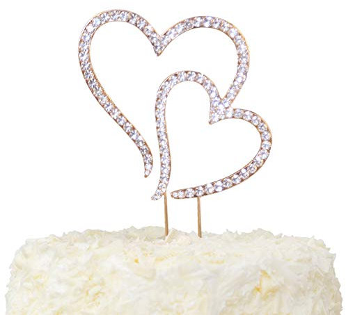 LOVENJOY Crystal Double Hearts One Love Wedding Cake Toppers Rose Gold Diamante Heart Cake Decorations, Gift Boxed