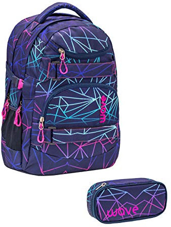 Wave Infinity Lila Schulrucksack Set 2 - teilig mit Laptopfach Tabletfach / 43 x 31 x 22 cm / 30 Liter/Mädchen/Rucksack Daypack (338-72/A Set1 Stripes Purple)