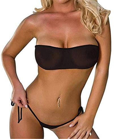 ZHER-LU Damen Dreipunkt-Mesh-Bikini Sets,Sommer Strandkleidung Durchsichtiges Mesh-Bandeau-Oberteil,Mini-Tanga-Unterteil …