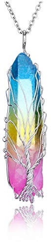 JOVIVI Natural Rainbow Quartz Tree of Life Healing Crystal Gemstone Irregular Rock Stone Chakra Pendant Necklace Silver Wire Wrap Gemstone Necklace Jewellery for Women