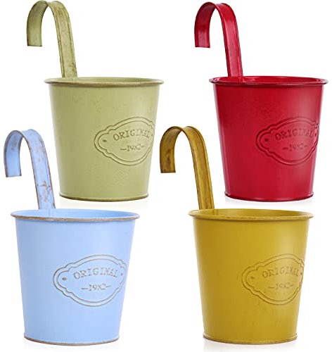 CITÉTOILE 4 Pcs Pot de Fleurs Suspendu Métal avec Trou de Drainage,Pot de Fleur Métal Coloré avec Crochet Amovible, Style Vintage pour Décotation Balcon Jardin Mural Clôture Modèl-03