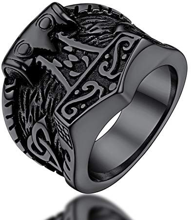 FaithHeart Vintag Herren Siegelring Retro Viking Thors Hammer Fingerring Schwarz Mjölnir Ring Jungen Partnerring Freundschaftsring für Valentinstag Weihnachten