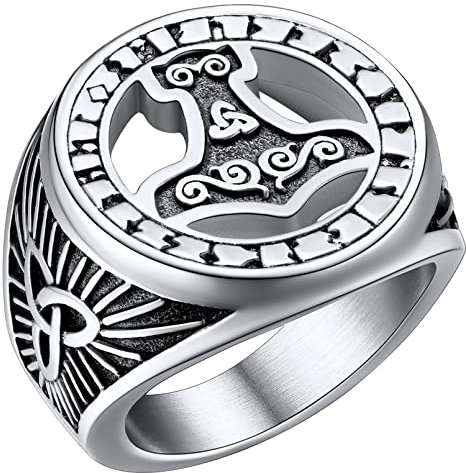 FaithHeart herren Männer Fingerring Viking Retro Mjölnir Statement Ring Punk Thors Hammer Ring mit Runen Hip pop Partnerring Freundschaftsring mit Geschenkebox