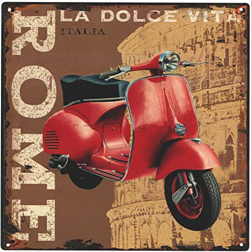 Blechschild La Dolce Vita Rome Roter Roller 30 x 30 cm Geschenk-Idee aus Metall Vintage-Design zur Dekoration