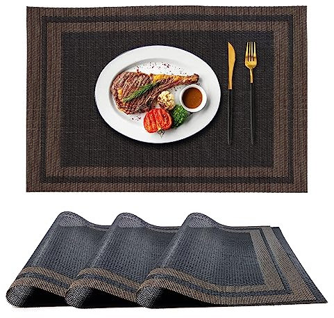 4er Set Platzset, Platzdeckchen Abwaschbar PVC, Abgrifffeste Tischsets Schwarz, Platzsets Abwischbar Anti-Rutsch 45 * 30cm Hitzebeständig Tischset für Zuhause Restaurant Speisetisch