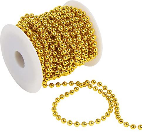 DERAYEE Christmas Bead Chain, 32.8ft Christmas Bead Garland DIY Art & Craft Christmas Bead for Xmas Gift Table Room Tree Party Decorations(Gold)