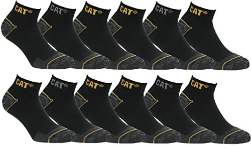 Caterpillar 12 Paar Sneaker Arbeit Socken Knöchelhöhe - Fersenzehenverstärkung - Fußgewölbestütze - Baumwolle (Schwarz, 43-46)
