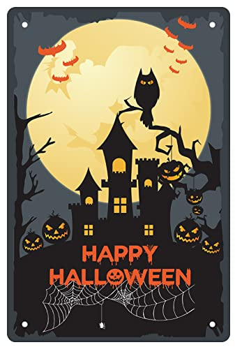 CREATCABIN Retro Blechschild Aus Metall Vintage Happy Halloween Mit Kürbisschild Schloss Willkommen Fledermäuse Geist Hexe Schild Für Zuhause Kaffee Küche Wanddekoration 12 x 8,(5) cm