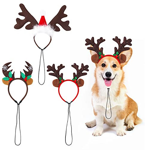 Gukasxi 3 Teilige Weihnachten Haustier Stirnband, Hund Weihnachten Elch Rentier Geweih Stirnbänder Set, Hund Xmas Haarband, Haustier Weihnachtshaar Accessoire Partyhüte, Weihnachts Haustier Kostüm