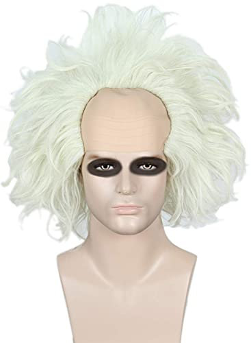 Perücke Weiß für Beetlejuice Verrückter Professor Kostüm Einstein Perücke Opa Perücken Fancy Dress Horror Film für Herren Männer AL057