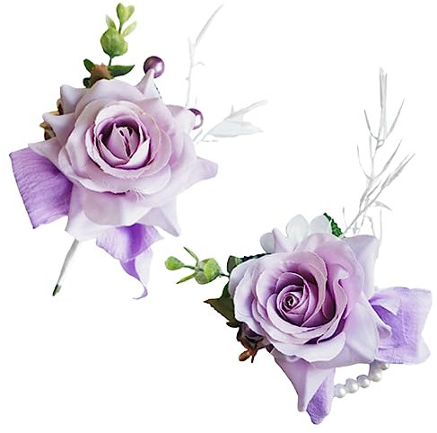 YESKY Rosen-Ansteckblume und Boutonniere-Set, handgefertigt, künstliche Blume, Braut, Handgelenk, Anstecknadel, Armband, Herren-Boutonniere für Hochzeit, Blumen, Accessoires, Anzug, Dekoration (lila)