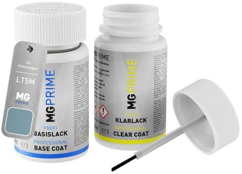 MG PRIME Autolack Lackstift für Volkswagen VW LT5M / T5M Clear Blue Me. +1K | Teal Blue Metallic / Clear Blue Metallic, Set aus Basislack + Klarlack, Lackfläschchen mit Pinsel, je 50ml
