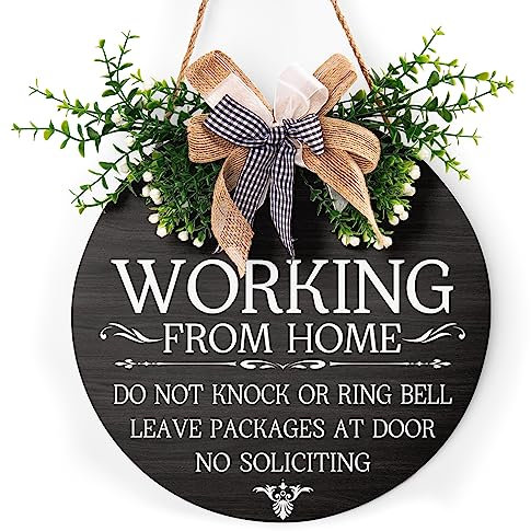 Working From Home Schild für Haustür, 30,5 x 30,5 cm, Please Do Not Knock or Ring Glockenschild mit Büffelkarierte Schleife für Dekoration, Willkommenskranz, lustig, rund, Holz, zum Aufhängen für