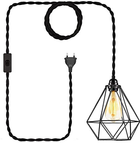Modern Industrial Vintage Pendelleuchte Kit mit Stecker Schalter - Geometrische Hängelampe mit 4.5 Meter Schwarz gedrehten Hanfseil Lampenkabel Plug in E27 Hängende Leucht - Schwarzer Lampenkopf