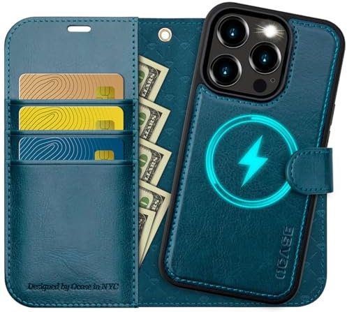 OCASE for iPhone 15 Pro Detachable Case, Magnetic Removable 2 in 1 Flip PU Leather Wallet Case with[Kickstand][RFID Blocking][Card Holder] Shockproof Phone Cover,Peacock Blue