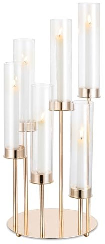 NUPTIO Gold Kerzenständer Kerzenhalter Glas: 60cm Hoch 6 Armig Stabkerzen Stabkerzenhalter Glaszylinder für Kerzen Kerzenleuchter Metall Hochzeit Party Tisch Tafelaufsatz Dekor
