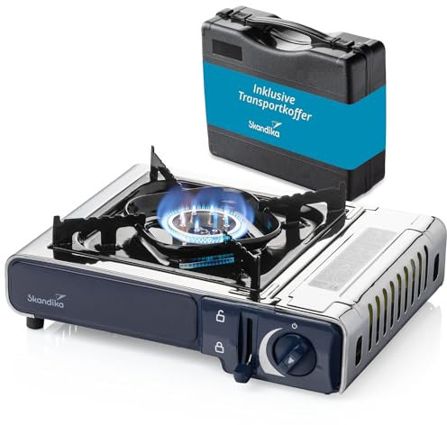Skandika Réchaud à gaz Brann | 1 feu, réchaud de camping robuste portable pour cartouches de gaz MSF-1A 227 g, acier inoxydable, puissance réglable, allumage PIEZO, mallette plastique | Camping Grill