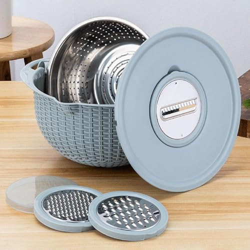 SANWOOD Colador 4 en 1 con juego de cuencos para mezclar, coladores y coladores multifuncionales de acero inoxidable, colador de pasta, limpiador de frutas, cortador de alimentos para cocina (azul)