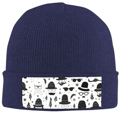 NONHAI Slouchy Beanie-Mütze für Damen und Herren, Strickmütze, Bart mit Bündchen, schwarz-weißes Muster, Winter-Skimütze, Marineblau, EinheitsgröÃŸe