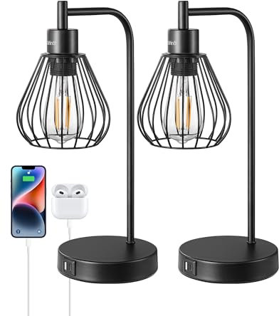 EDISHINE Bedside Lamps Set of 2, Dimmable LED Table Lamp, Teardrop Cage Lampshade, USB Charging Ports, Touch Lamps for Living Room, Bedroom, E27 Socket, Bulb Included, Black