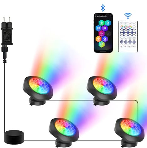 NATPOW Lumières LED Submersible RGB, Projecteurs Lampe spot avec Bluetooth APP Contrôle, IP68 Etanches Eclairage Multicolores pour Aquarium, Jardin, Cour, Piscine, Fontaine 4-en-1