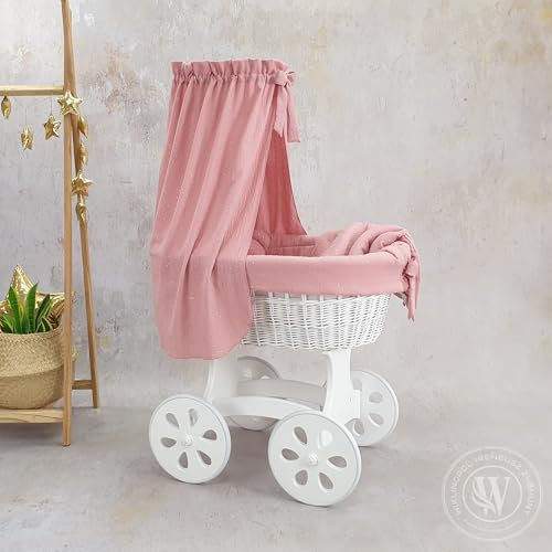 Moseskorb weiß mit Gestell, Matratze Baldachin und Bettwäsche | Leisen Rädern (Rosa)