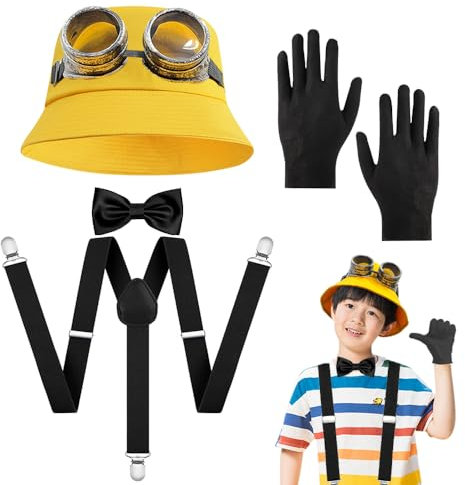 SHDIEHJFMLDH 5 Stücke Karneval Kostüm Kostüm Mütze Brille Handschuhe Gelb Hosenträger Karneval Kostüm für Damen Herren Kinder