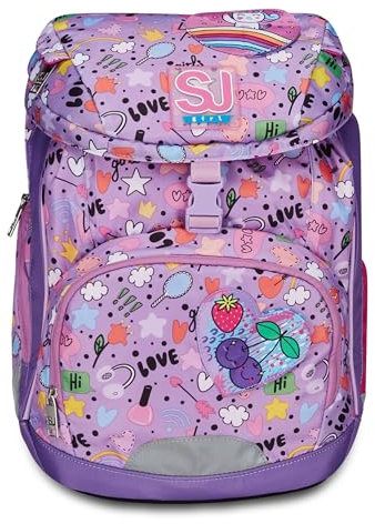 SJ Gang Schulrucksack Soft Plus, Lila, Cute Notes, Einfach mit verstellbarem Taillengurt, Seitentasche mit Reißverschluss, Netztasche für Trinkflasche, Rucksack für Grund- und Mittelschulen, Mädchen