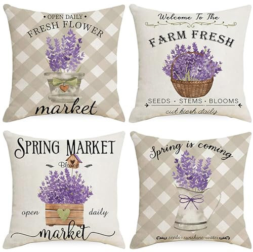 Kissenbezug 45x45 cm Leinen Kissenhülle 4er Set Lila Lavendel Dekokissen Kissenbezüge Quadratische Sofakissen Kopfkissenbezug für Outdoor Couchkissen Wohnzimmer Zierkissenbezug