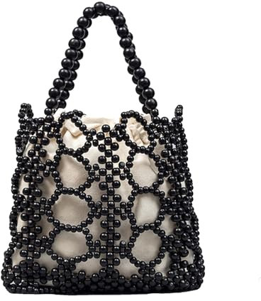 Generisch Perlen Umhängetasche, Mode Mini Gewebte Handtasche mit Holzperlen und Perlen, Sommer Design Hand Taschen Strandtasche Korbtasche Wove Bag für Strand-Schwarz - A