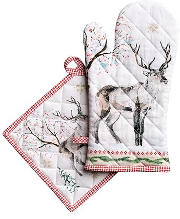 Maison d' Hermine Ofenhandschuh(19cm x 33cm) & Topflappen(20cm x 20cm) Set aus 100% Baumwolle, hitzebeständig zum Grillen, Kochen, Backen, Grillen, Rural Christmas – Erntedankfest/Weihnachten