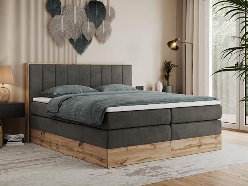 MKS MEBLE King Boxspringbett 200x200 Mit Bettkasten Eiche, Polsterbett Mit Matratze H3, Rahmen in Wotan Eiche und Kopfteil - Dunkelgrau Velvet - Bellissimo King