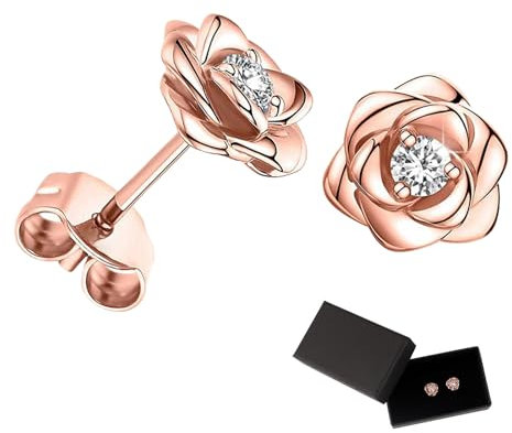 TINGTING 1 Paar Rose Ohrstecker Rosegold, Rosegold Ohrringe Damen mit Strasssteinen Blumen Ohrringe Stecker Schmuck Damen mit Geschenkbox Geburtstagsgeschenk für Damen Mädchen