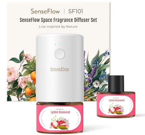 SenseFlow Difusor Aceites Esenciales Difusor de Aromas SF101 – Ultrasónico Sin Agua, 100 % Vegetal, Aromaterapia120 Días, para Hogar, Hotel y Estudio hasta 100 ㎡ (Lichi y Palo de Rosa)