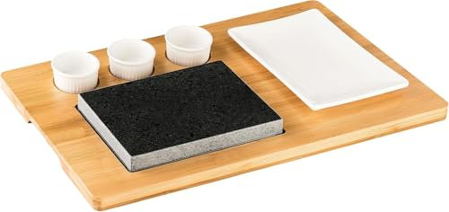 Muvell Hot Stone - Pierre à steak - Plateau en granit chaud avec planche en bois de bambou et coupelles d'accompagnement - Bols à sauce (blanc)