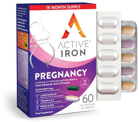 Active Iron Pregnancy, Nutritional Support for Prenatal Care & Foetal Development, 30 x 25 mg Iron Capsules, 30 x Triple Layer Multivitamin Tablet (L-Methylfolate, Vitamin D & Calcium), 1 Month Supply