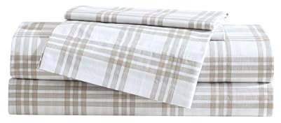 Eddie Bauer - Juego de sábanas, tamaño Individual, algodón percal, Muy Suave, Certificado Oeko-Tex (Beis a Cuadros básico)