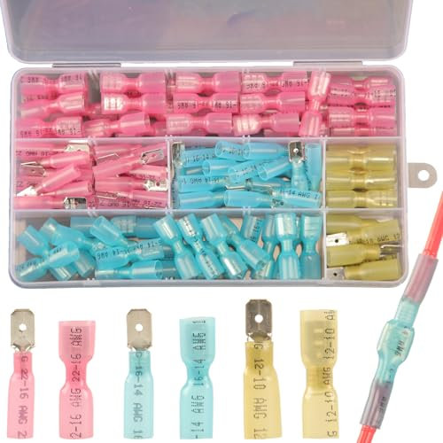 112pcs Schrumpf Flachstecker Kit, Schrumpfverbinder Flachsteckhülsen Set Kabelschuhe Set Flachstecker Männlich & Weiblich Quetschverbinder Sortiment, Elektrische Steckverbinder Crimpverbinder