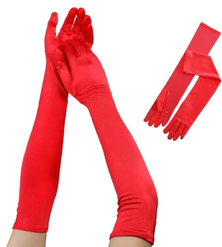 XXLKVSK Long Gloves Satin Gloves Opera Gloves,1 Pair of Red Gloves, Ladies Satin Gloves, Red Long Elbow Gloves Stretchy Women'S Satin Opera Gloves