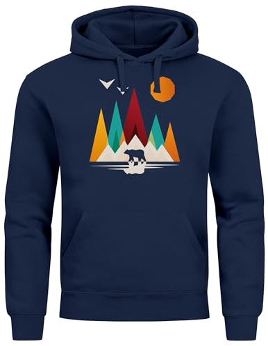 Neverless® Hoodie Herren Berge Bär Polygon Natur Outdoor Printshirt Aufdruck Wandern Männer Fashion Streetstyle Navy L