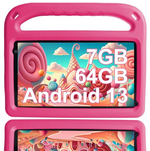 GOODTEL Tablet Niños Android 13 7GB RAM+64 GB ROM, Tablet para Niños 7 Pulgadas, WiFi, Bluetooth 5,Educación + Juegos,Cámara Dual, Control Parental, con EVA Funda(Rosa)