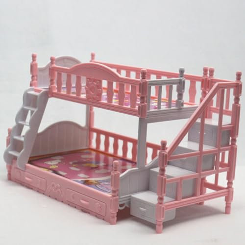 KARLOR Doppelstöckiges Bett rosa, Klein Bett für Puppen Prinzessin Miniatur Bett Spielhaus Mini Bett Möbel Etagenbett im europäischen Stil, Mädchen Puppenbett 22 * 11.5 * 14 cm